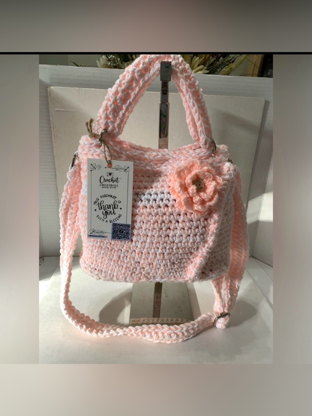 Handmade Pastel Pink Crochet Crossbody Bag Flower Decoration and Lacy Textured
